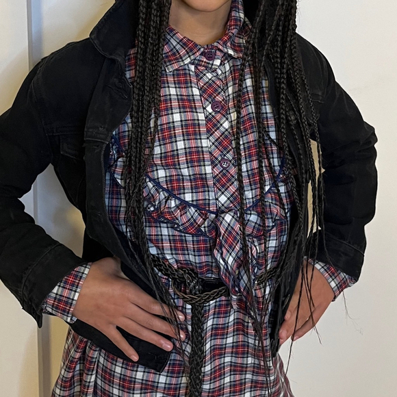 Girls Vintage Plaid Shift Dress Long Sleeves Ruffle Detail Yoke Tie Size 11/12 - Picture 7 of 12